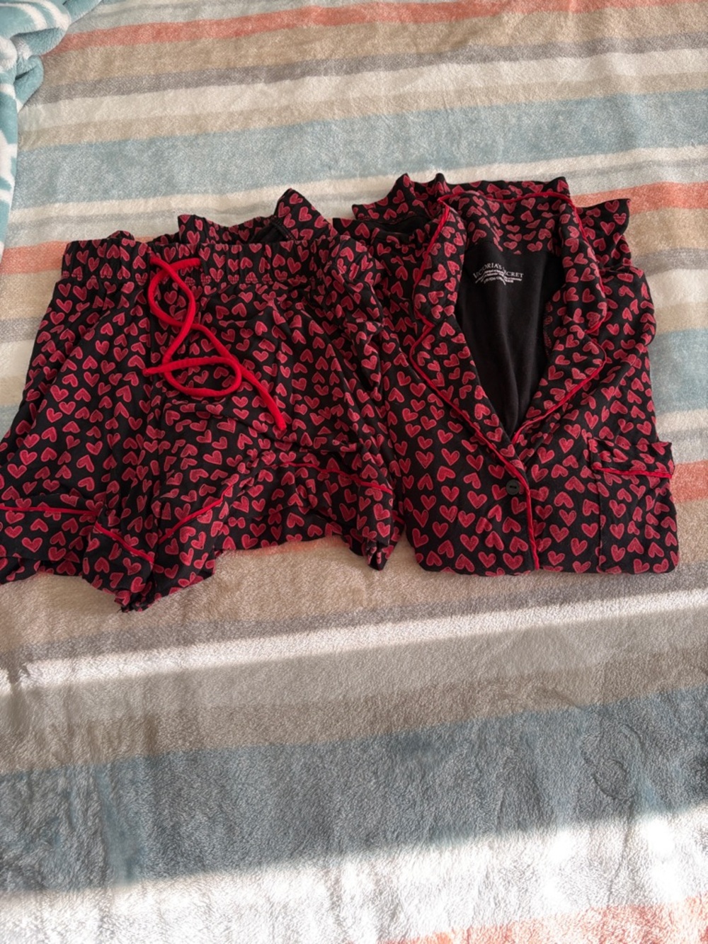 Victoria's Secret Black Pajama Set with Pink Heart Print